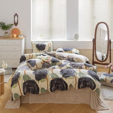 91家纺网 家纺一手货源 找家纺 桃子ins复古山茶花玫瑰花卉加厚牛奶绒系列四件套 绒-墨染