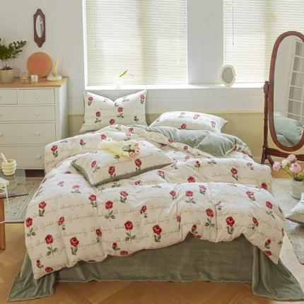 91家纺网 家纺一手货源 找家纺 桃子ins复古山茶花玫瑰花卉加厚牛奶绒系列四件套 绒-温婉