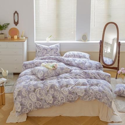 91家纺网 家纺一手货源 找家纺 桃子ins复古山茶花玫瑰花卉加厚牛奶绒系列四件套 绒-紫色茉香