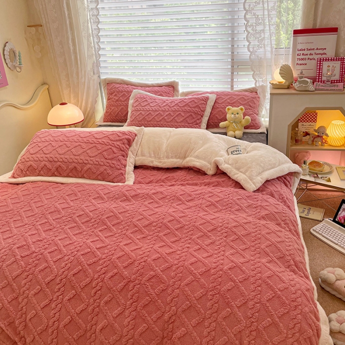 91家纺网 家纺一手货源 找家纺 琪格格 2022新款剪花绒vs兔兔绒四件套 剪花绒-玫红