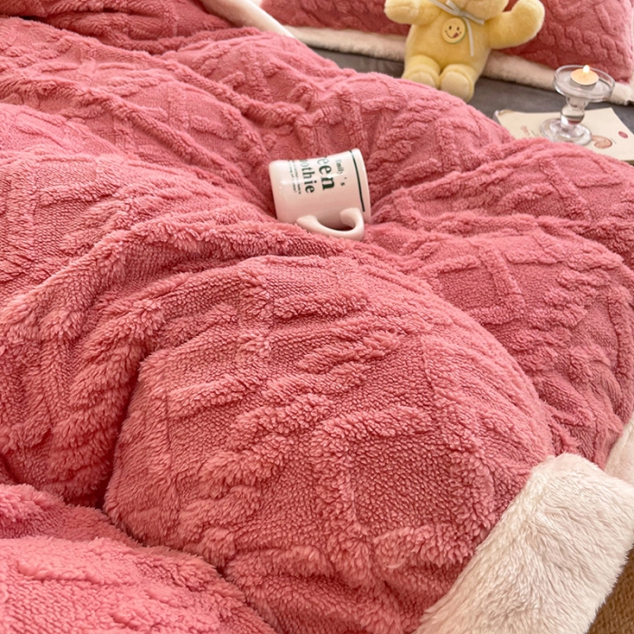 91家纺网 家纺一手货源 找家纺 琪格格 2022新款剪花绒vs兔兔绒四件套 剪花绒-玫红