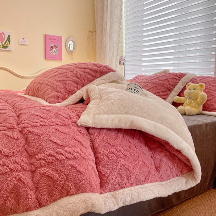 91家纺网 家纺一手货源 找家纺 琪格格 2022新款剪花绒vs兔兔绒四件套 剪花绒-玫红