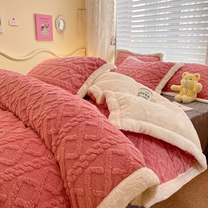 91家纺网 家纺一手货源 找家纺 琪格格 2022新款剪花绒vs兔兔绒四件套 剪花绒-玫红