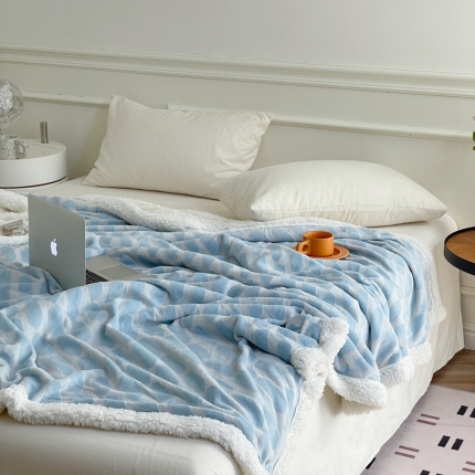 91家纺网 家纺一手货源 找家纺 大彩家居2022秋冬双层牛奶绒羊羔绒毛毯直播爆款毯子 菱形格-蓝