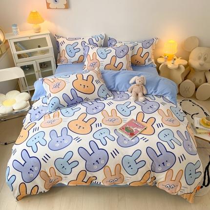 91家纺网 家纺一手货源 找家纺 木堇 2022秋冬新款高克重甜美系列印花牛奶绒四件套 乖小兔