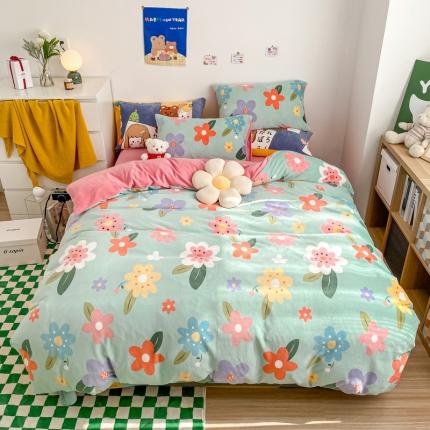 西引力 2022新款加厚印花牛奶绒单被套及枕套法莱绒直播 万紫千红