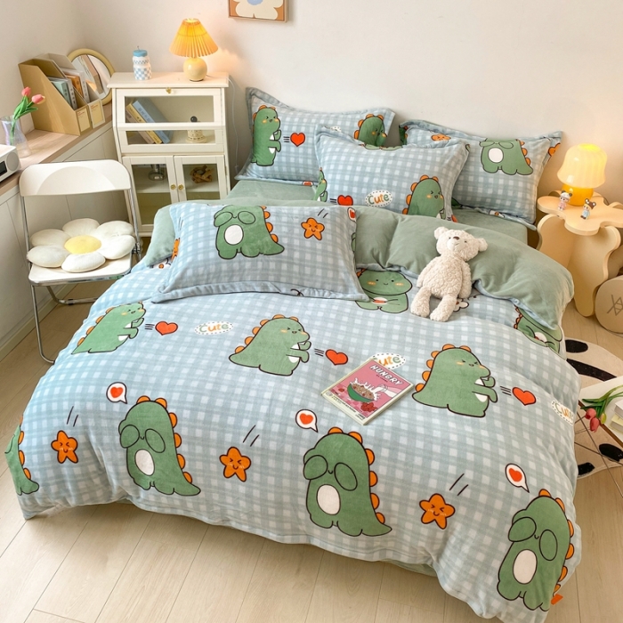 91家纺网 家纺一手货源 找家纺 木堇 2022秋冬新款高克重甜美系列印花牛奶绒四件套光波恐龙