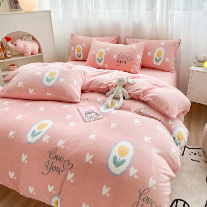 91家纺网 家纺一手货源 找家纺 西引力 2022新款加厚印花牛奶绒单被套及枕套法莱绒直播 郁金香