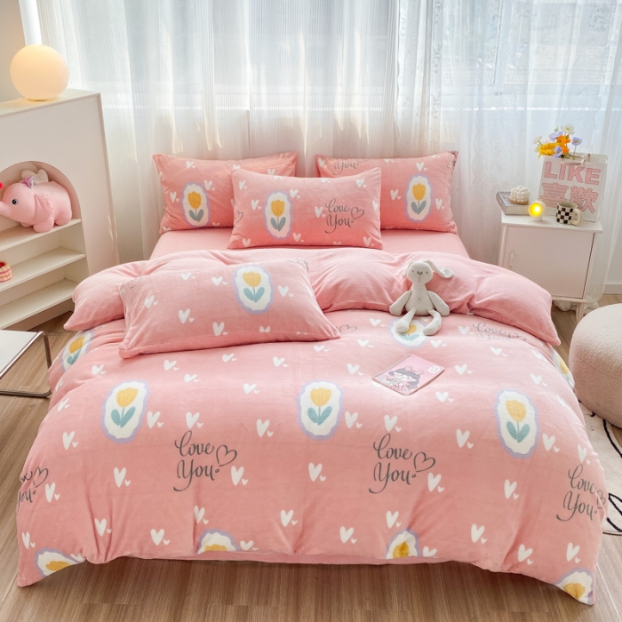 91家纺网 家纺一手货源 找家纺 西引力 2022新款加厚印花牛奶绒单被套及枕套法莱绒直播 郁金香