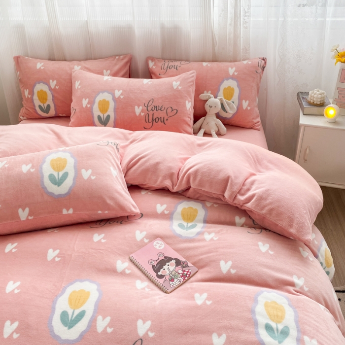 91家纺网 家纺一手货源 找家纺 西引力 2022新款加厚印花牛奶绒单被套及枕套法莱绒直播 郁金香