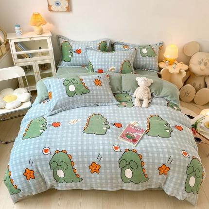 木堇 2022秋冬新款高克重甜美系列印花牛奶绒四件套光波恐龙