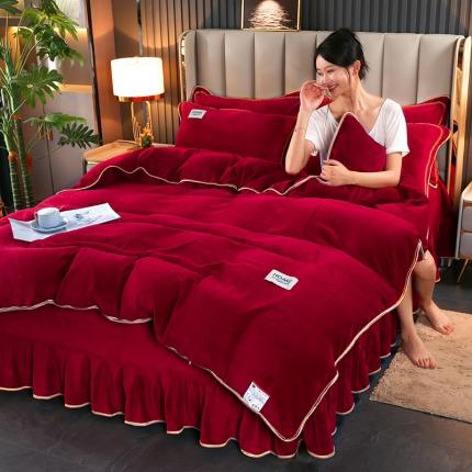富之航 2022新款纯色牛奶绒精美贴布绣四件套 酒红