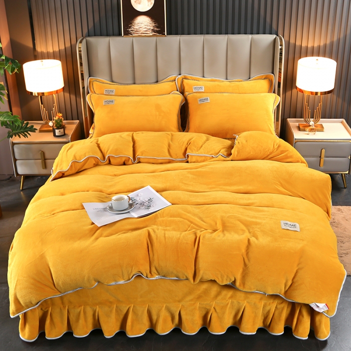 91家纺网 家纺一手货源 找家纺 富之航 2022新款纯色牛奶绒精美贴布绣四件套 亮黄