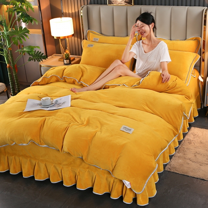 91家纺网 家纺一手货源 找家纺 富之航 2022新款纯色牛奶绒精美贴布绣四件套 亮黄