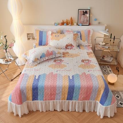 91家纺网 家纺一手货源 找家纺 2023新款高克重牛奶绒夹棉床盖三件套 彩虹女孩