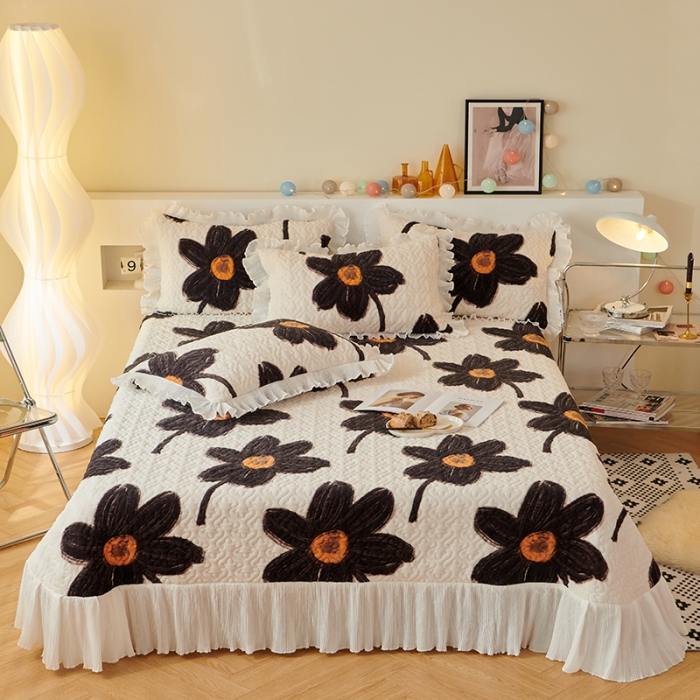 91家纺网 家纺一手货源 找家纺 2023新款高克重牛奶绒夹棉床盖三件套 油画