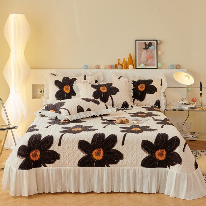 91家纺网 家纺一手货源 找家纺 2023新款高克重牛奶绒夹棉床盖三件套 油画