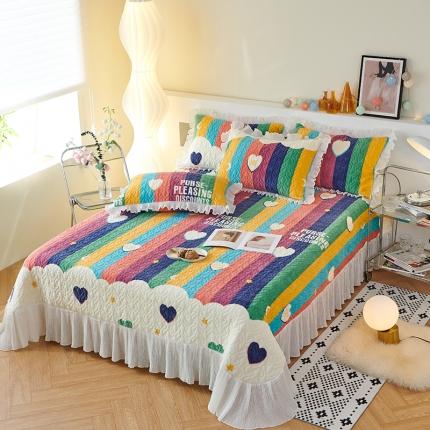 2023新款高克重牛奶绒夹棉床盖三件套 彩虹爱心