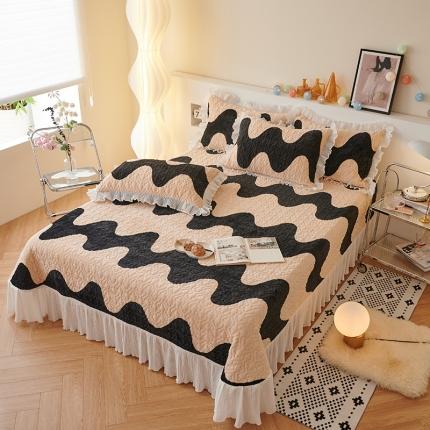 2023新款高克重牛奶绒夹棉床盖三件套 黑白波浪