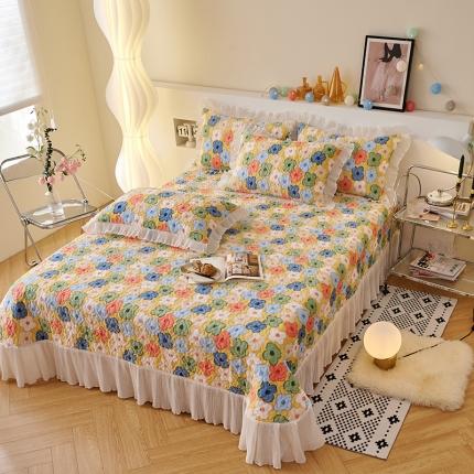 2023新款高克重牛奶绒夹棉床盖三件套 小黄花