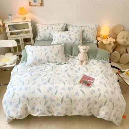 91家纺网 家纺一手货源 找家纺 木堇 2022秋冬新款高克重甜美系列印花牛奶绒四件套郁金香兰