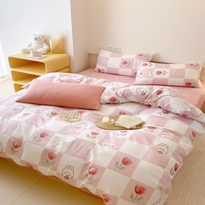 91家纺网 家纺一手货源 找家纺 昔可 2022新款全棉四件套影棚图2 粉格兔