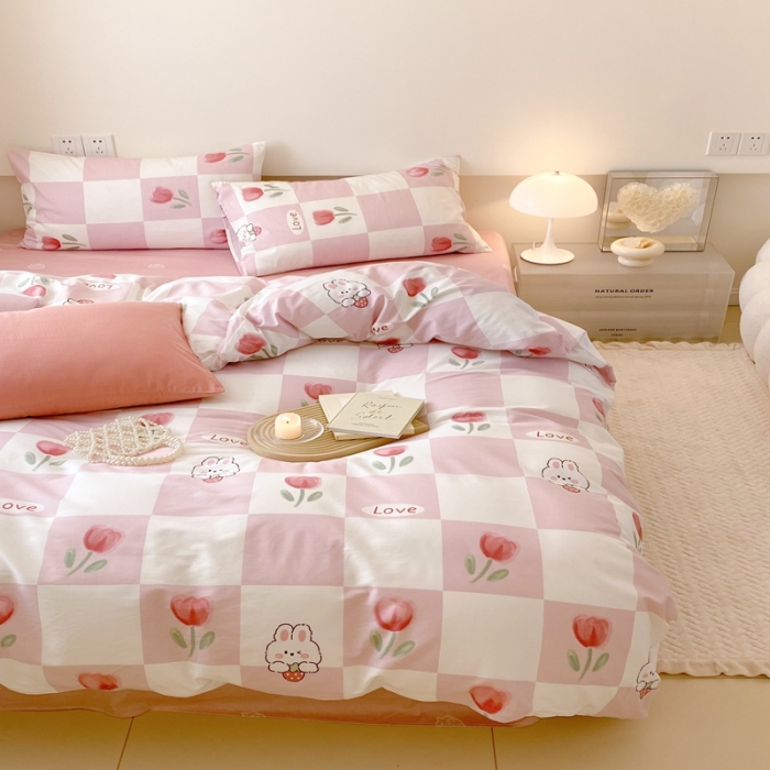 91家纺网 家纺一手货源 找家纺 昔可 2022新款全棉四件套影棚图2 粉格兔