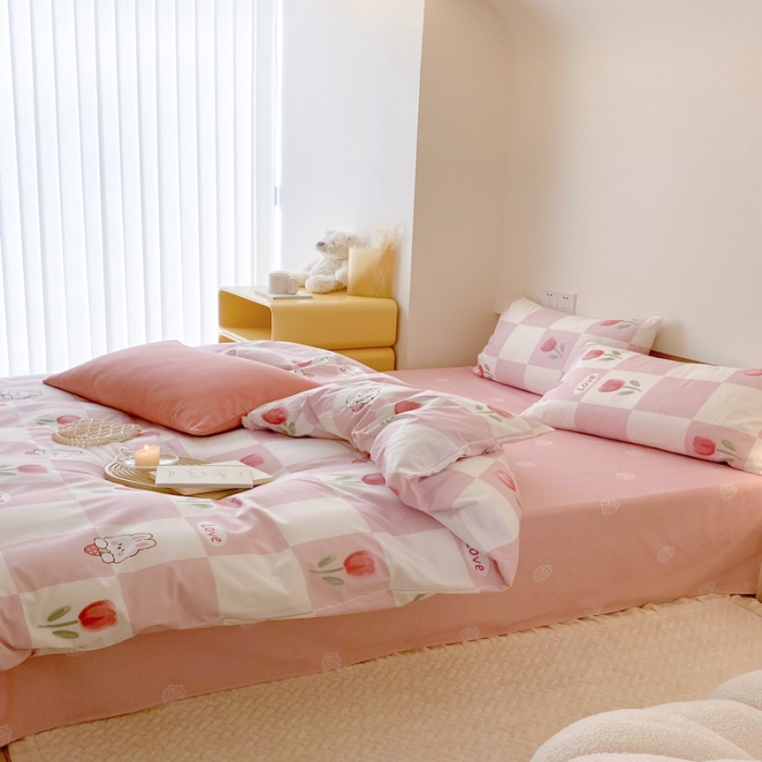 91家纺网 家纺一手货源 找家纺 昔可 2022新款全棉四件套影棚图2 粉格兔