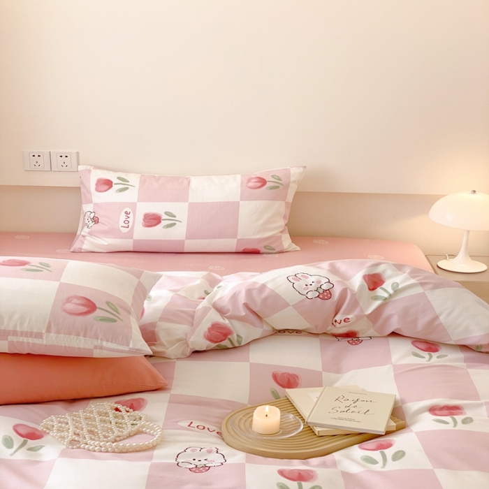 91家纺网 家纺一手货源 找家纺 昔可 2022新款全棉四件套影棚图2 粉格兔