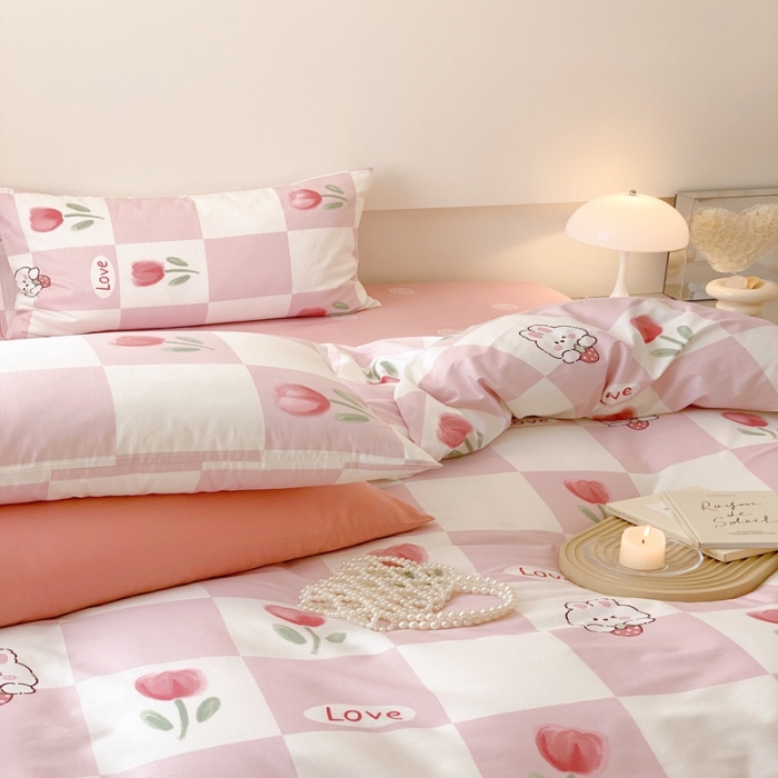 91家纺网 家纺一手货源 找家纺 昔可 2022新款全棉四件套影棚图2 粉格兔