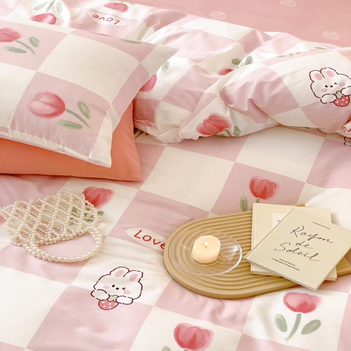 91家纺网 家纺一手货源 找家纺 昔可 2022新款全棉四件套影棚图2 粉格兔