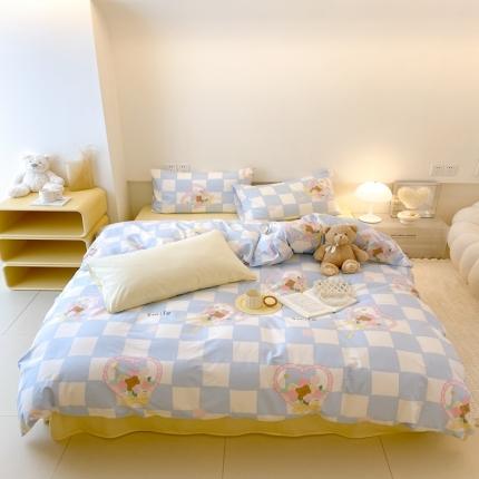 昔可 2022新款全棉四件套影棚图2 蓝格爱心小熊