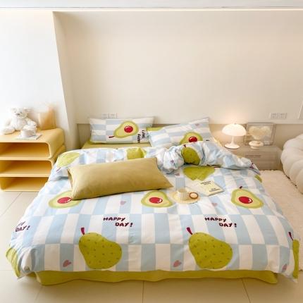 昔可 2022新款全棉四件套影棚图2 蓝棋盘绿果