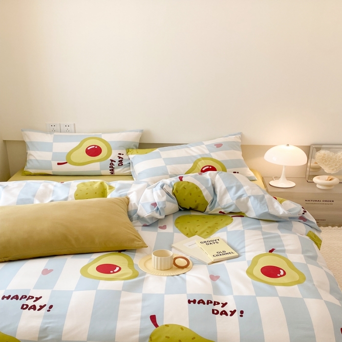 91家纺网 家纺一手货源 找家纺 昔可 2022新款全棉四件套影棚图2 蓝棋盘绿果