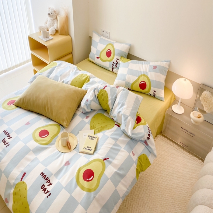 91家纺网 家纺一手货源 找家纺 昔可 2022新款全棉四件套影棚图2 蓝棋盘绿果