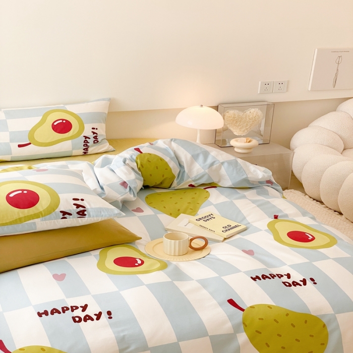 91家纺网 家纺一手货源 找家纺 昔可 2022新款全棉四件套影棚图2 蓝棋盘绿果