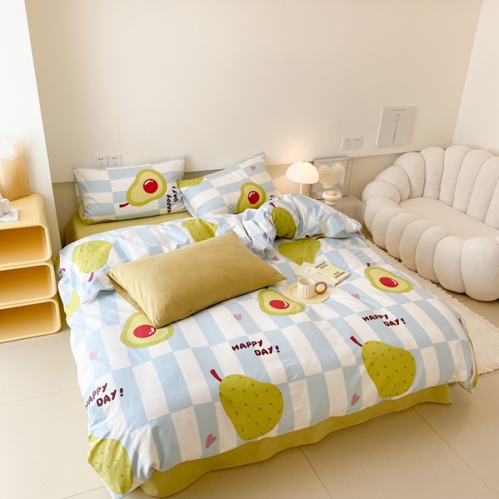 91家纺网 家纺一手货源 找家纺 昔可 2022新款全棉四件套影棚图2 蓝棋盘绿果