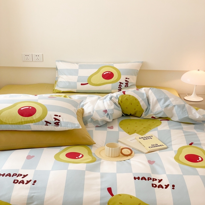 91家纺网 家纺一手货源 找家纺 昔可 2022新款全棉四件套影棚图2 蓝棋盘绿果