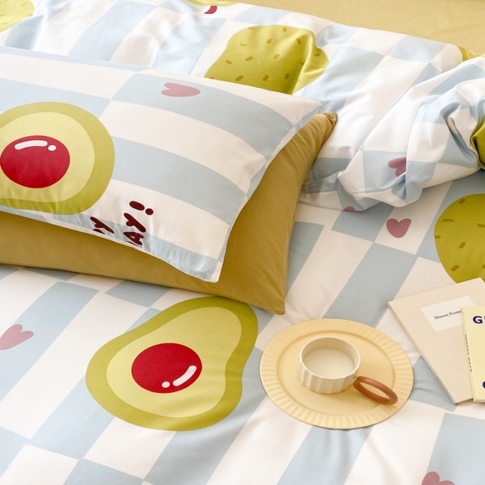 91家纺网 家纺一手货源 找家纺 昔可 2022新款全棉四件套影棚图2 蓝棋盘绿果