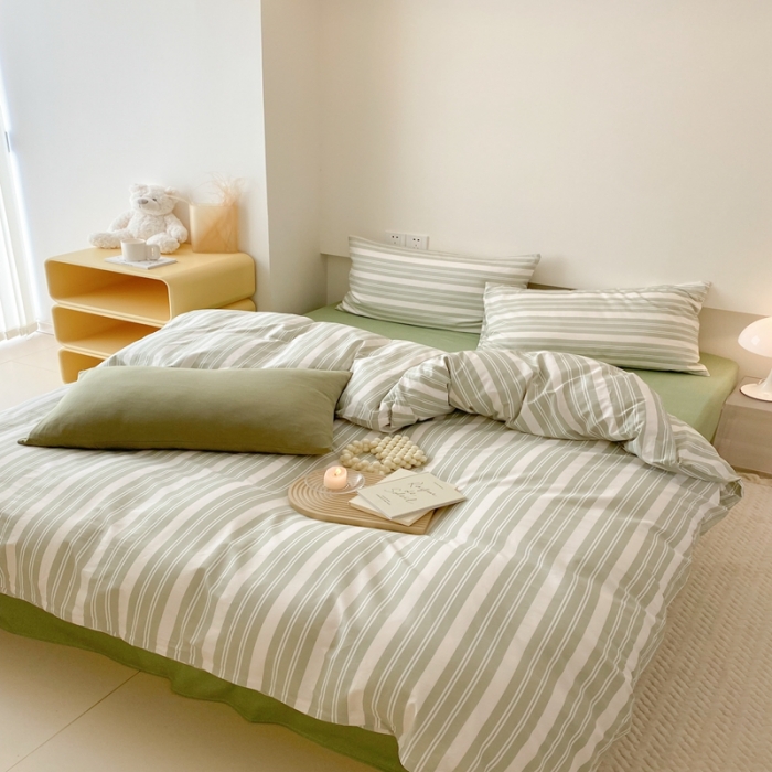 91家纺网 家纺一手货源 找家纺 昔可 2022新款全棉四件套影棚图2 绿白条