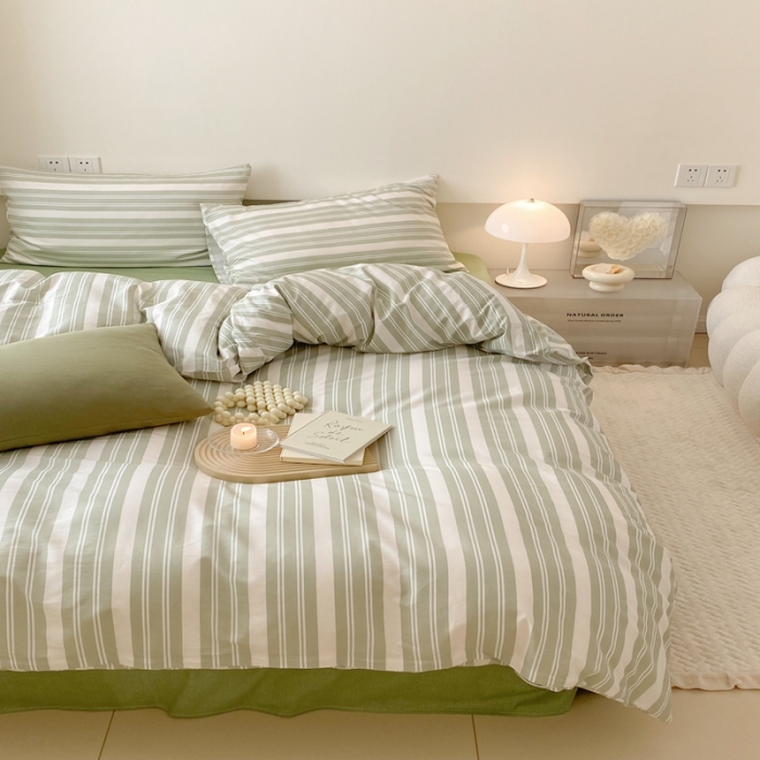 91家纺网 家纺一手货源 找家纺 昔可 2022新款全棉四件套影棚图2 绿白条