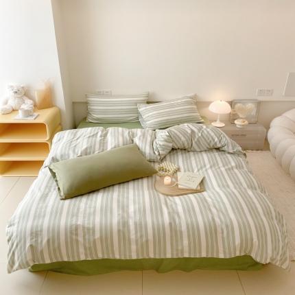 昔可 2022新款全棉四件套影棚图2 绿白条
