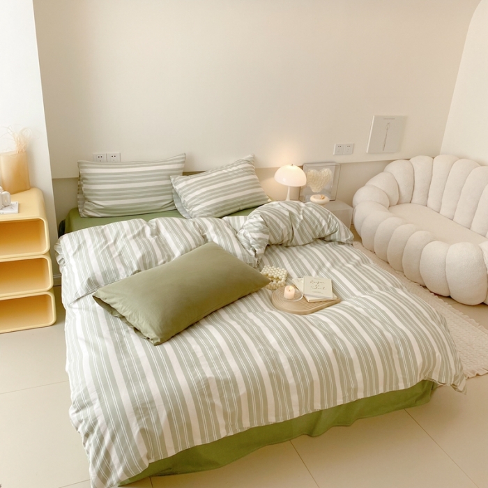 91家纺网 家纺一手货源 找家纺 昔可 2022新款全棉四件套影棚图2 绿白条