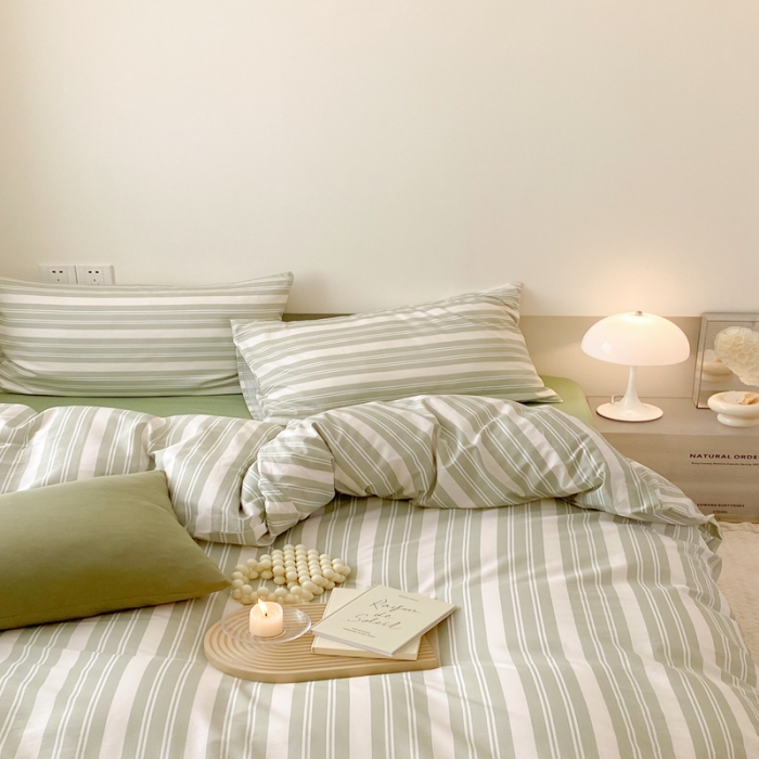 91家纺网 家纺一手货源 找家纺 昔可 2022新款全棉四件套影棚图2 绿白条