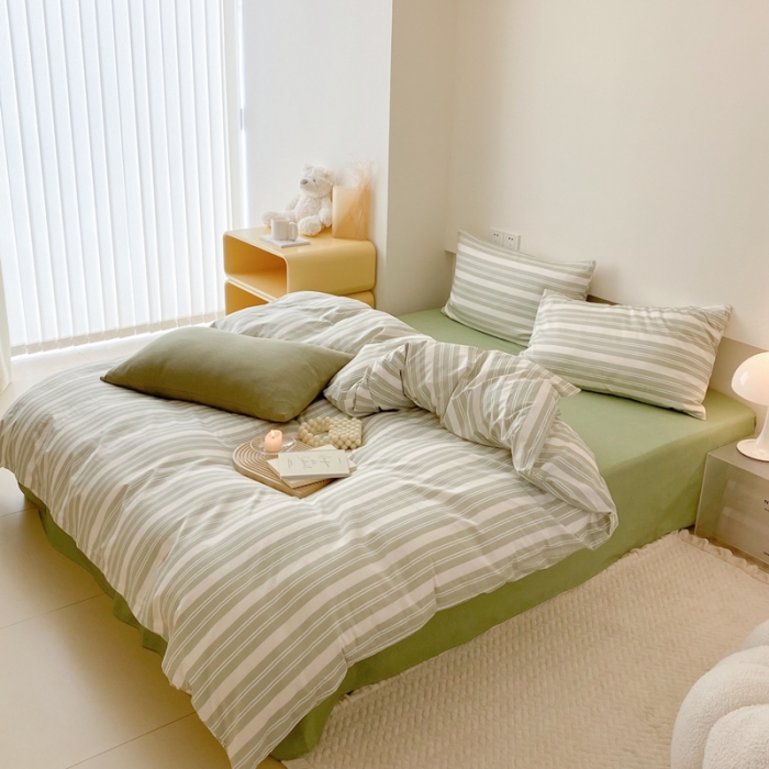 91家纺网 家纺一手货源 找家纺 昔可 2022新款全棉四件套影棚图2 绿白条