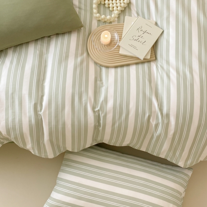 91家纺网 家纺一手货源 找家纺 昔可 2022新款全棉四件套影棚图2 绿白条