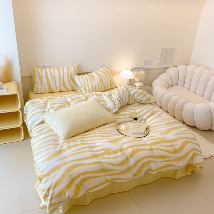 91家纺网 家纺一手货源 找家纺 昔可 2022新款全棉四件套影棚图2 奶油黄豹纹