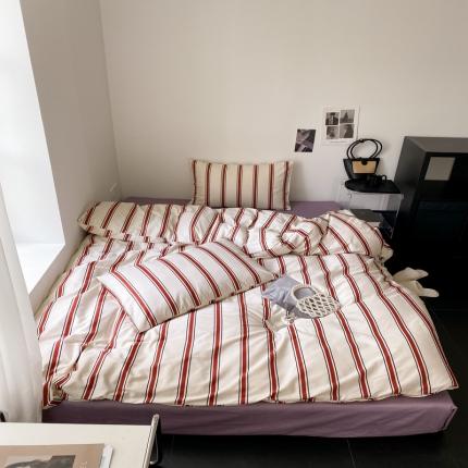 91家纺网 家纺一手货源 找家纺 昔可 2022新款全棉四件套影棚图1 红竖条