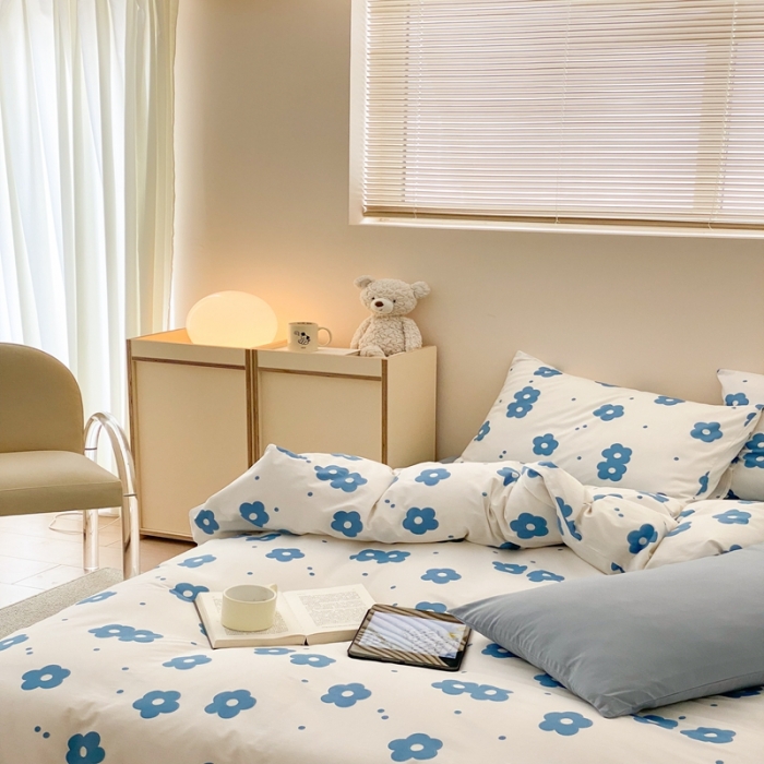 91家纺网 家纺一手货源 找家纺 昔可 2022新款全棉四件套影棚图1 蓝蓝小花