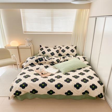 昔可 2022新款全棉四件套影棚图1 幸运四叶花黑